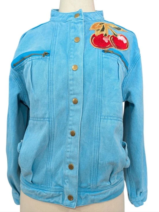 ELF SACK Turquoise Cotton Denim Jacket With Embroidered Cherries. Medium. - Picture 8 of 16